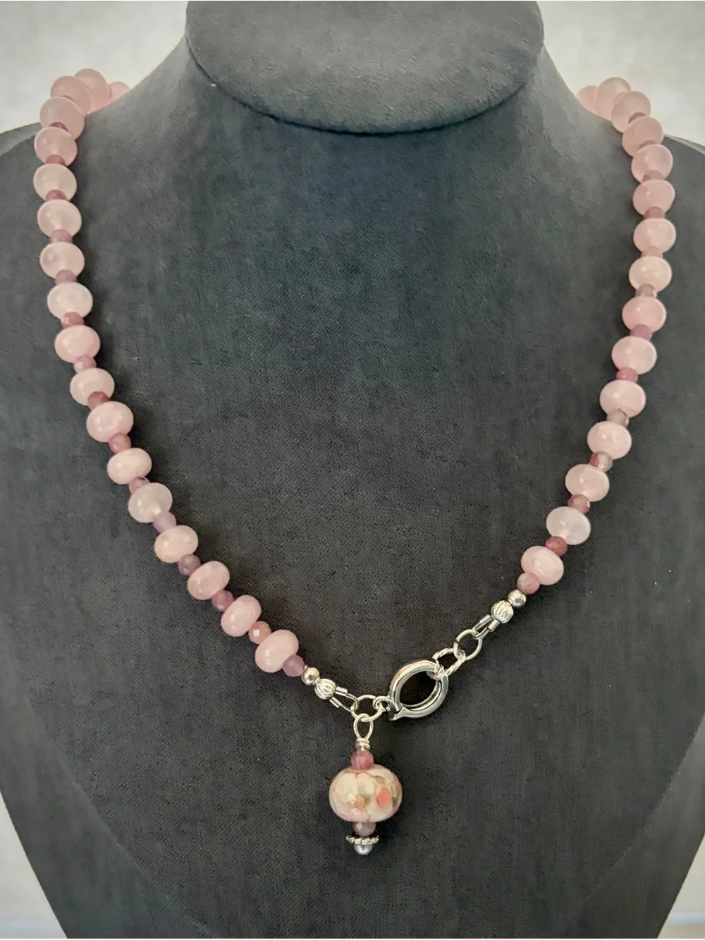 Soft Pink Rose Quartz and Pink Tourmaline Handcrafted Bead Necklace